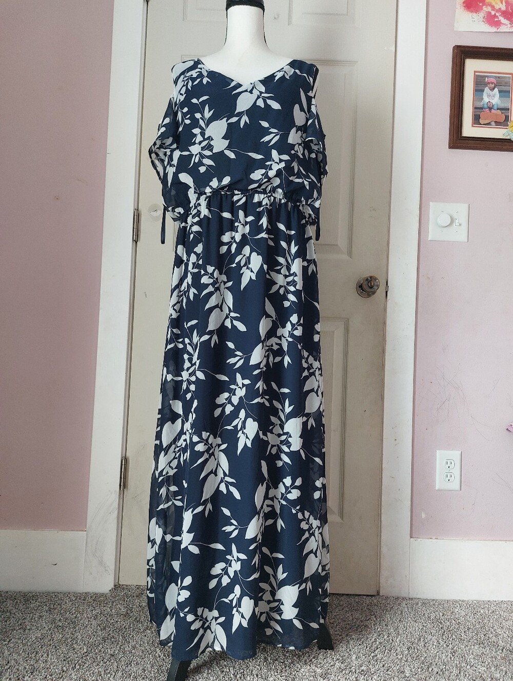 NINE WEST Blue White Floral Print Cold Shoulder Blouson Maxi Dress Size 14